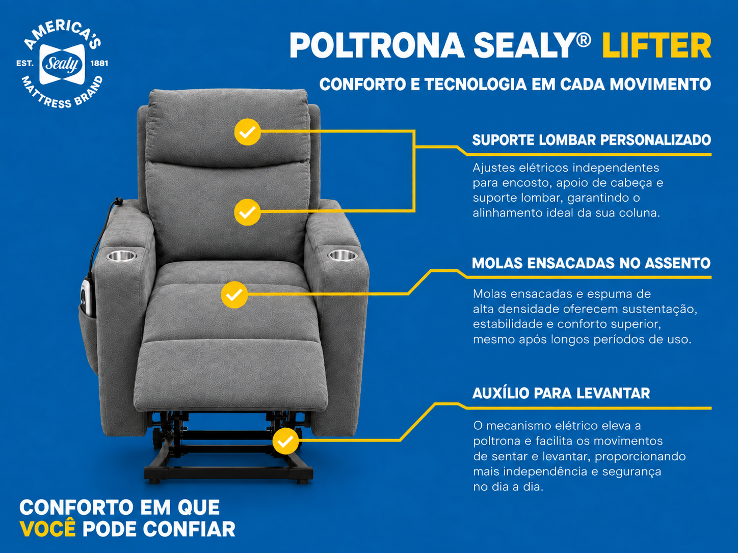 Destaques de recursos da Poltrona Sealy Lifter cinza