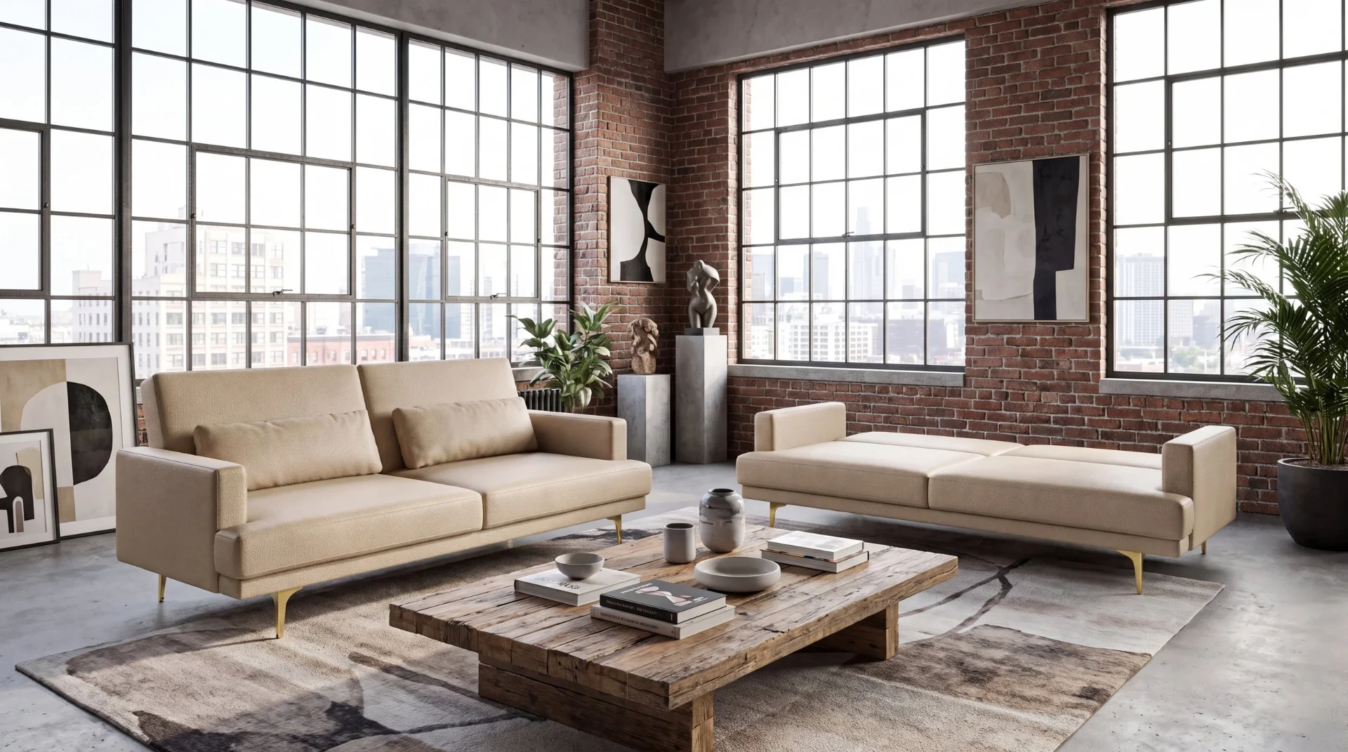 Sofás Sealy em loft com janelas amplas