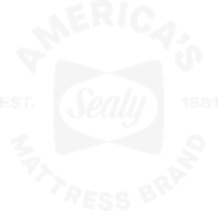 A black and white logo for America's Mattress Brand Sealy, established in 1881, featuring a circular design with the Sealy logo in the center.