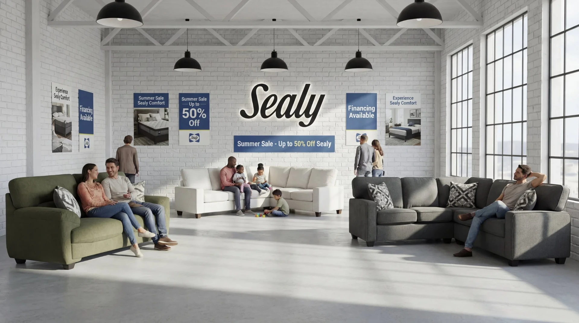Showroom Sealy com sofás e famílias