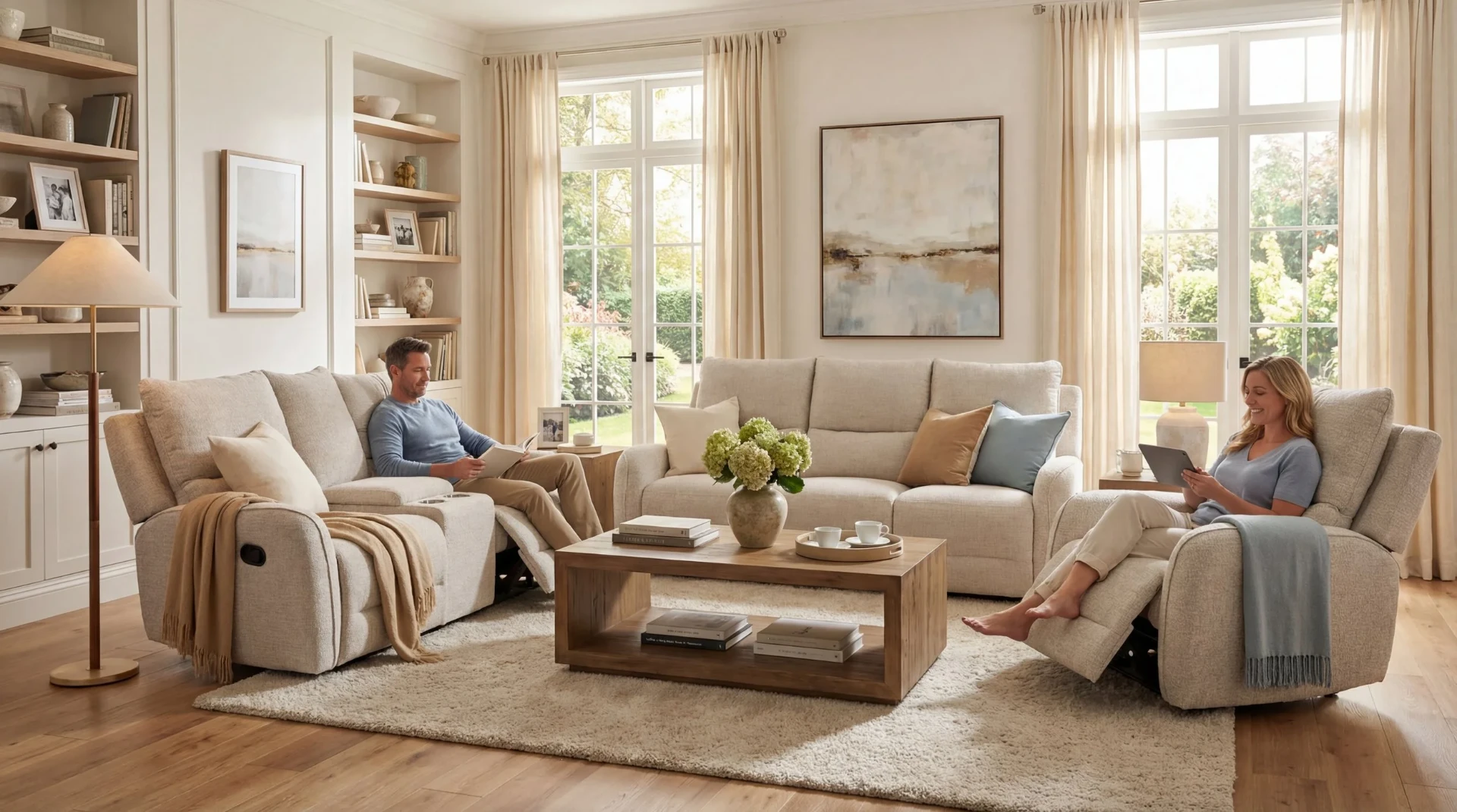 Casal relaxando em poltronas reclináveis Sealy