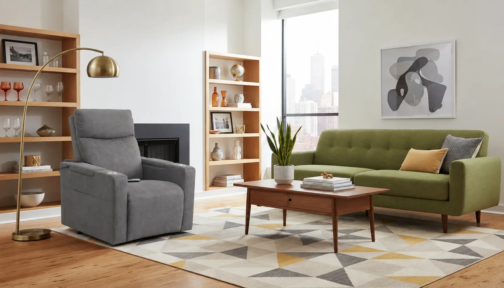 Poltrona Sealy Lifter cinza em ambiente decorado