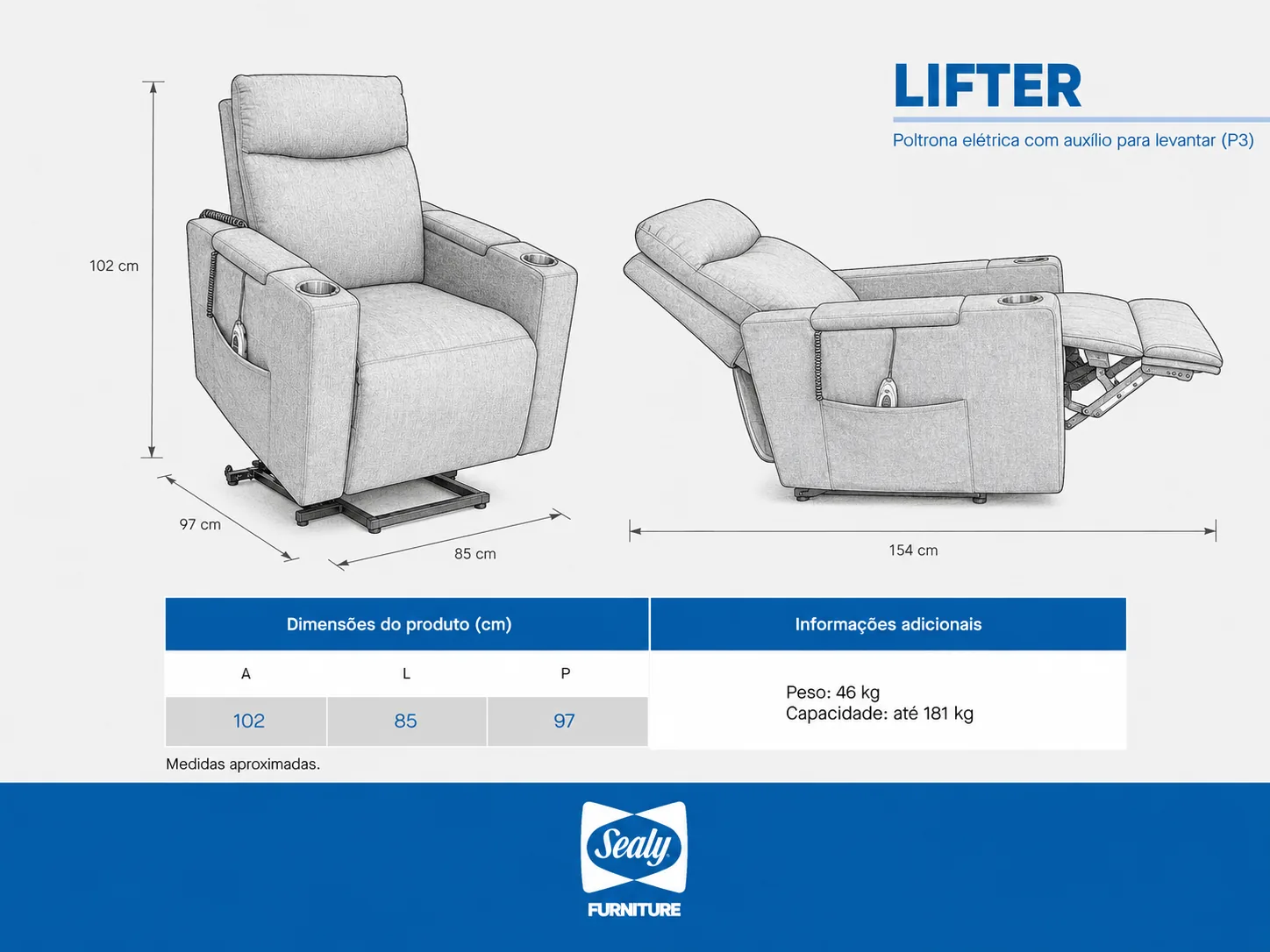 Desenho técnico com dimensões da Poltrona Sealy Lifter