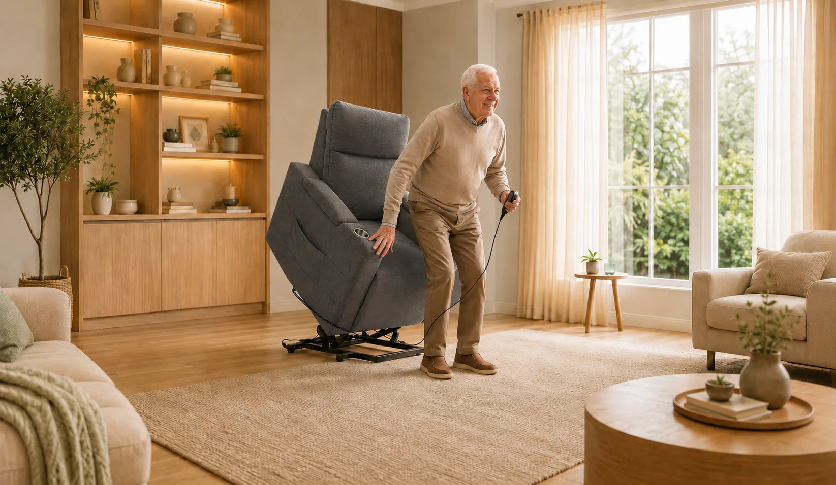 Homem levantando com auxílio da Poltrona Sealy Lifter cinza